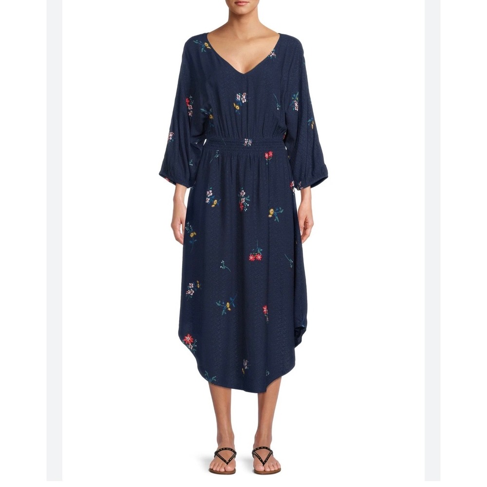Time and Tru Womens Navy Blue Floral Smocked Waist High Low Midi Dress XL 16-18‎